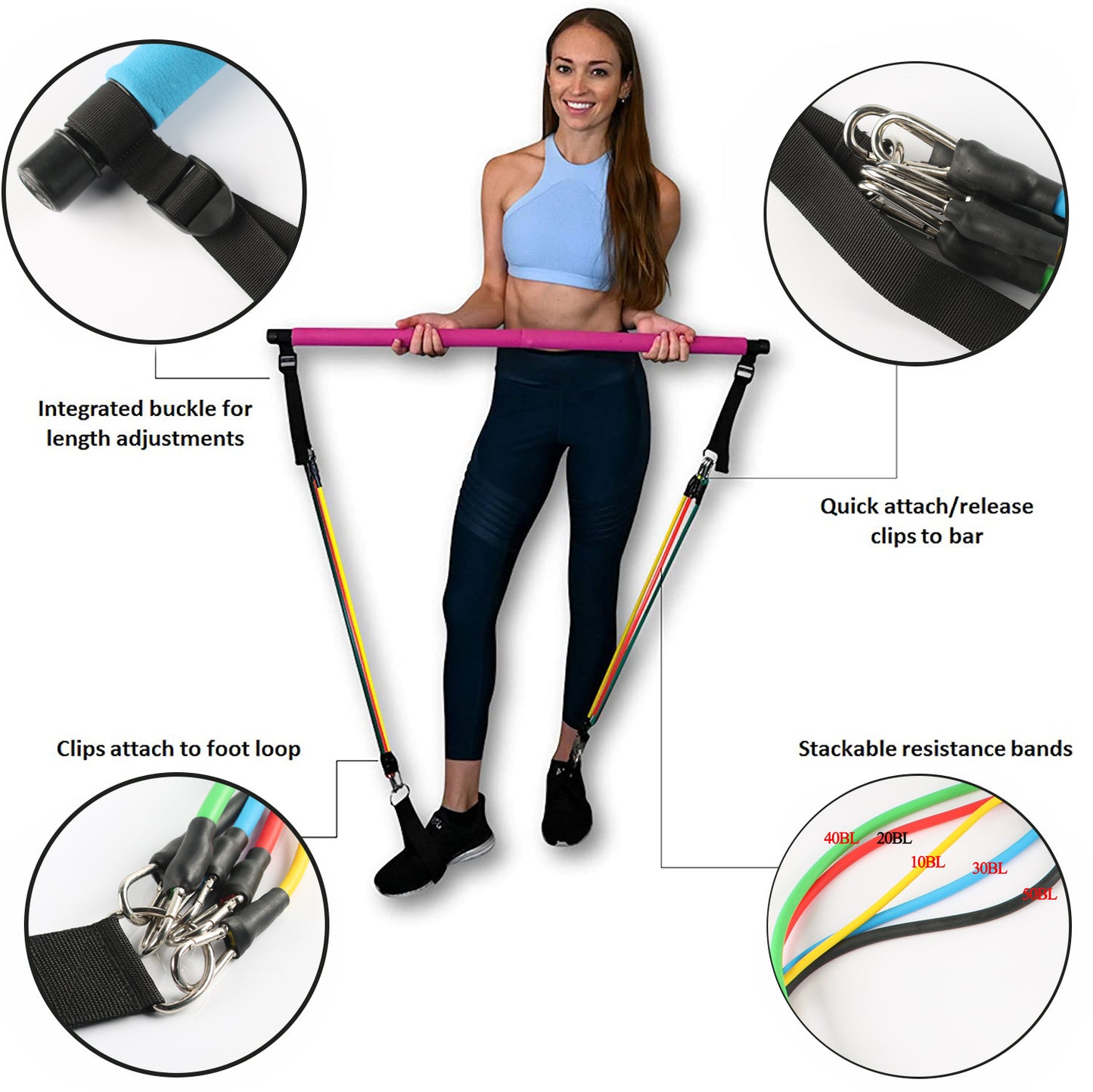 Fitness Yoga Pilates Stange – Tragbares Heimtrainer Set mit elastischen Widerstandsbändern