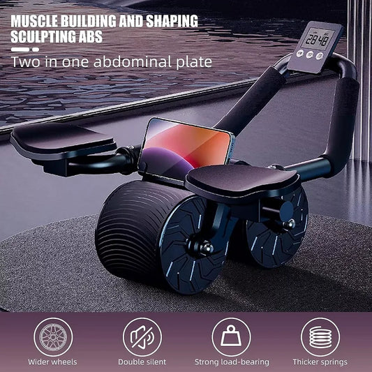 Profi Bauchtrainer mit Ellenbogenstütze &amp; Auto-Rebound - Doppelrad Ab Wheel mit Timer &amp; Anti-Rutsch-System