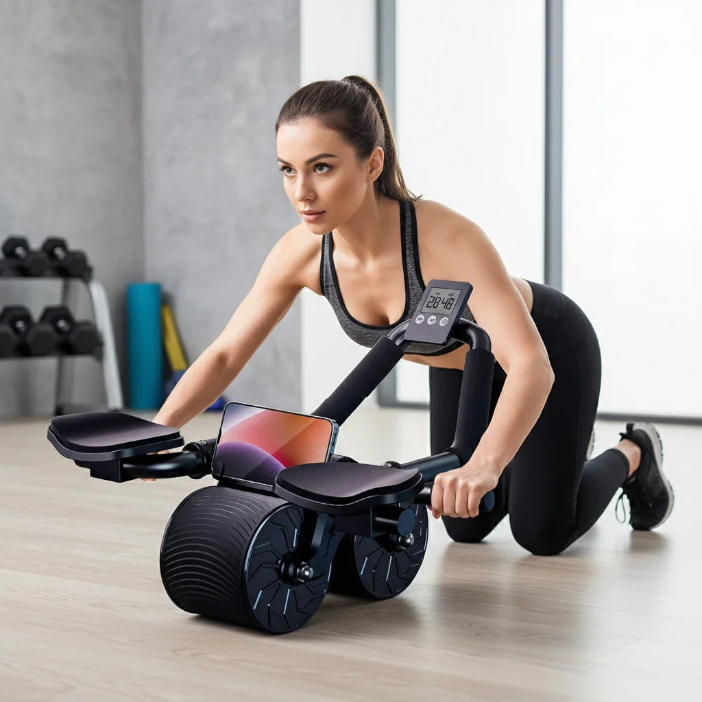 Profi Bauchtrainer mit Ellenbogenstütze &amp; Auto-Rebound - Doppelrad Ab Wheel mit Timer &amp; Anti-Rutsch-System