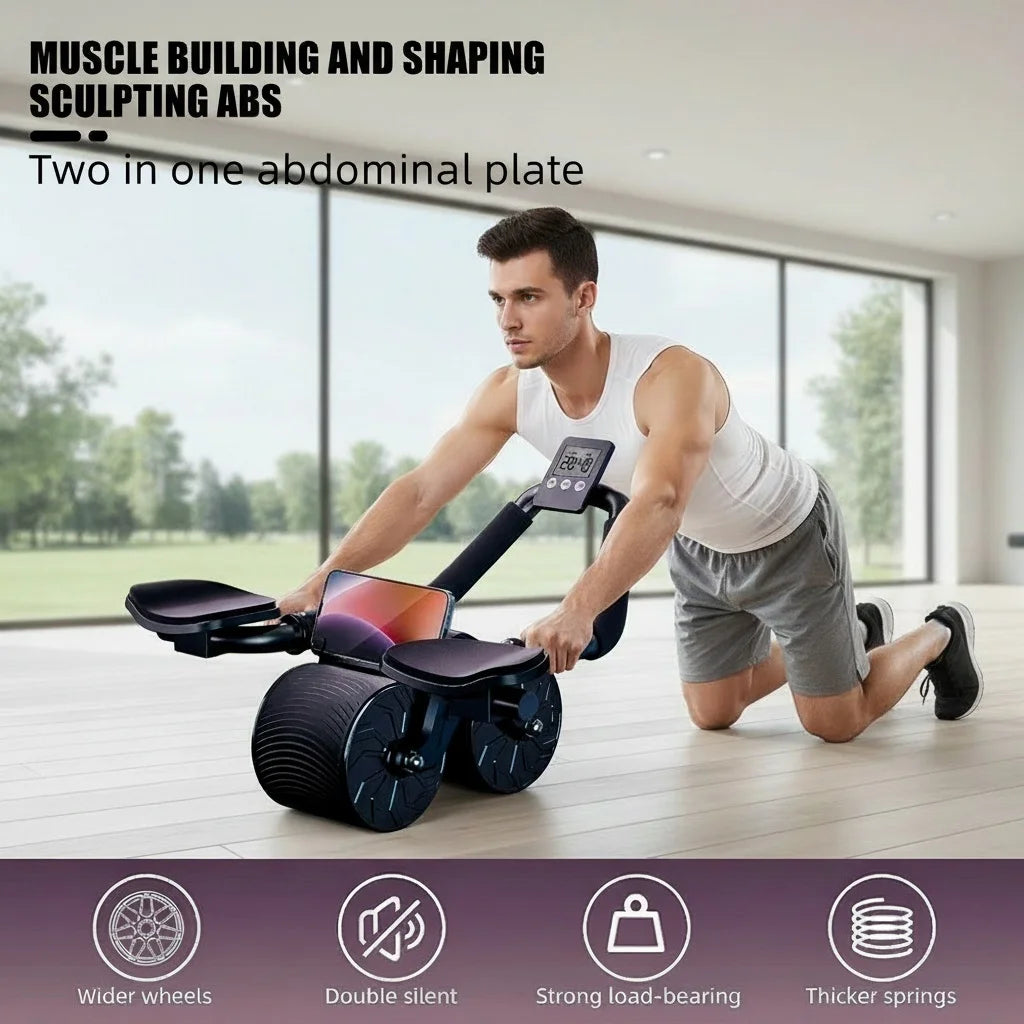 Profi Bauchtrainer mit Ellenbogenstütze &amp; Auto-Rebound - Doppelrad Ab Wheel mit Timer &amp; Anti-Rutsch-System
